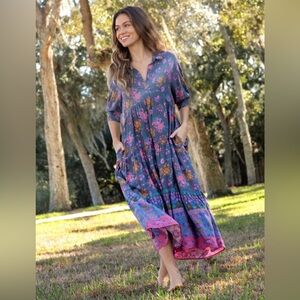 Natural Life Rebecca Maxi Midi Dress floral  print XS pockets boho short sleeve